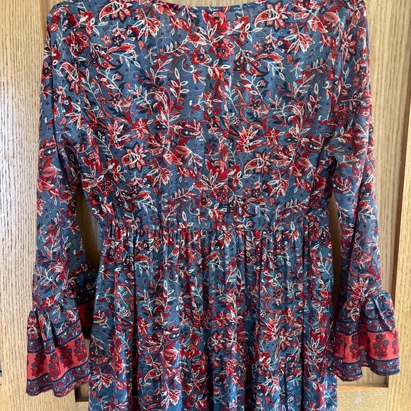 Boemo Anthropologie Dress Large Boho Peasant Floral Lace-up V-Neck Tiered Maxi - Picture 5 of 5